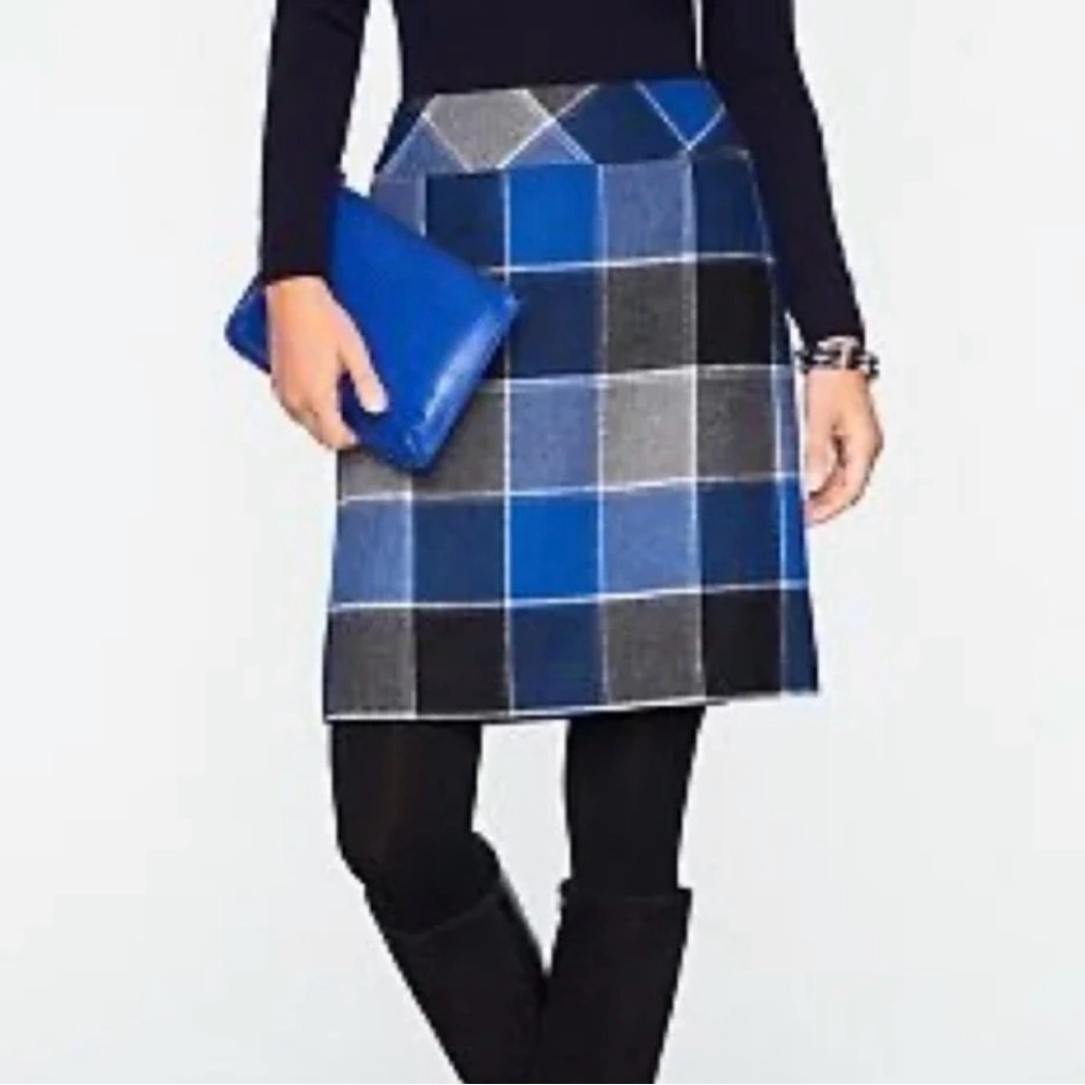 Talbots Blue Black Gray Plaid Wool Mix Mini Skirt